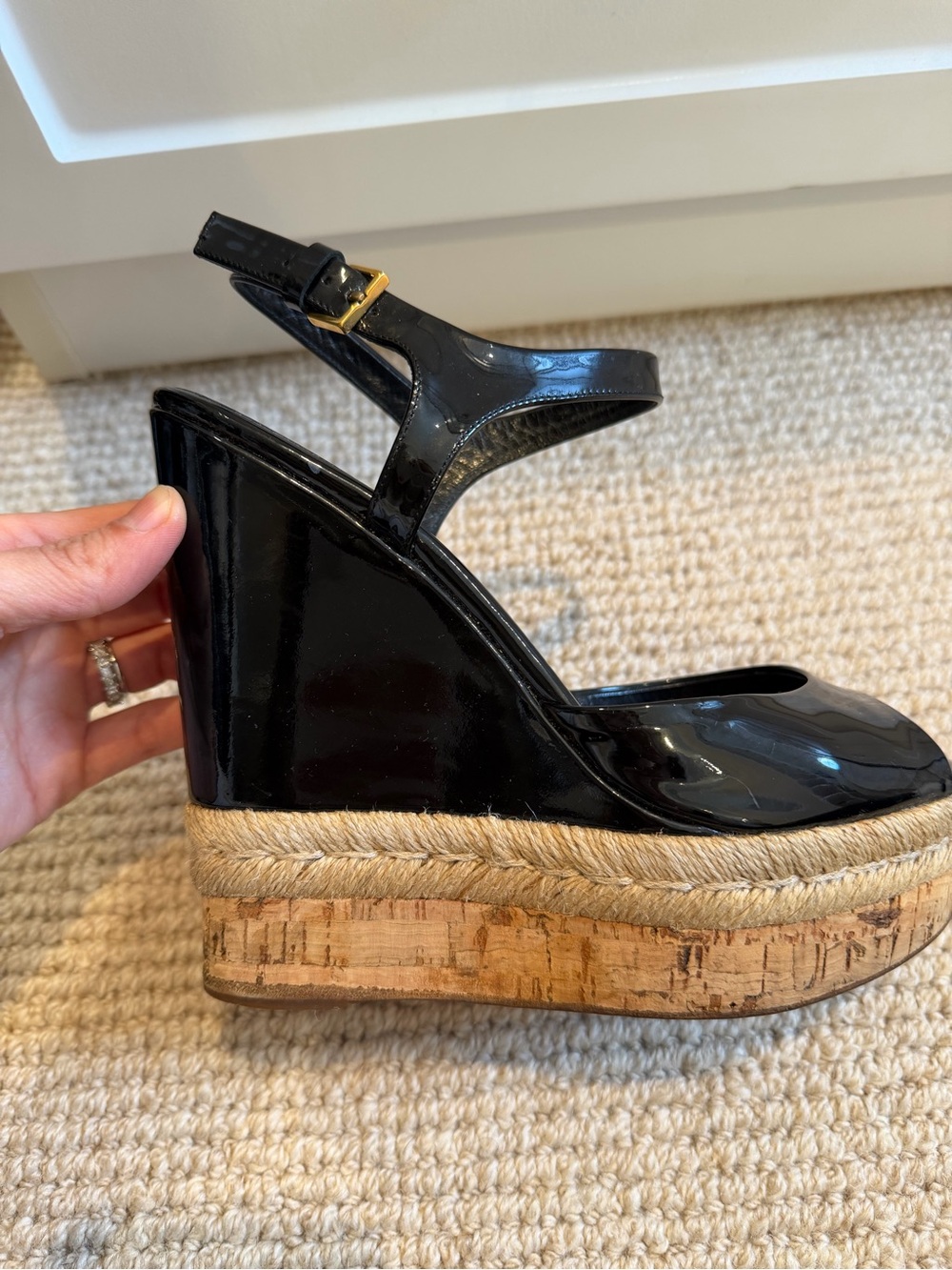 Gucci Black Patent Leather Wedge Espadrille with Cork Platform - Picture 1 of 7